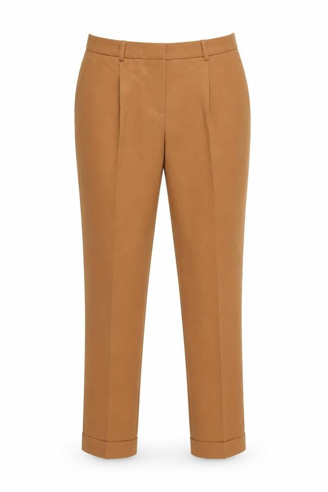 Front view of Preworn women’s brown trousers, size UK 30, in, 28-inch leg