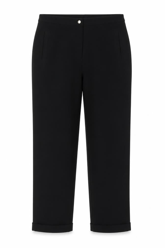 Front view of KOAN women’s black trousers, size M, 28-inch leg