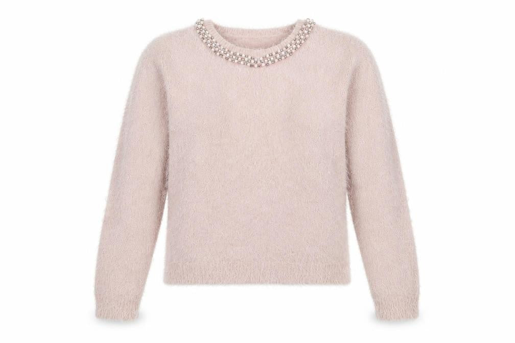 Front view of Select women’s pink knit jumper, size UK 10, - embelished neckline