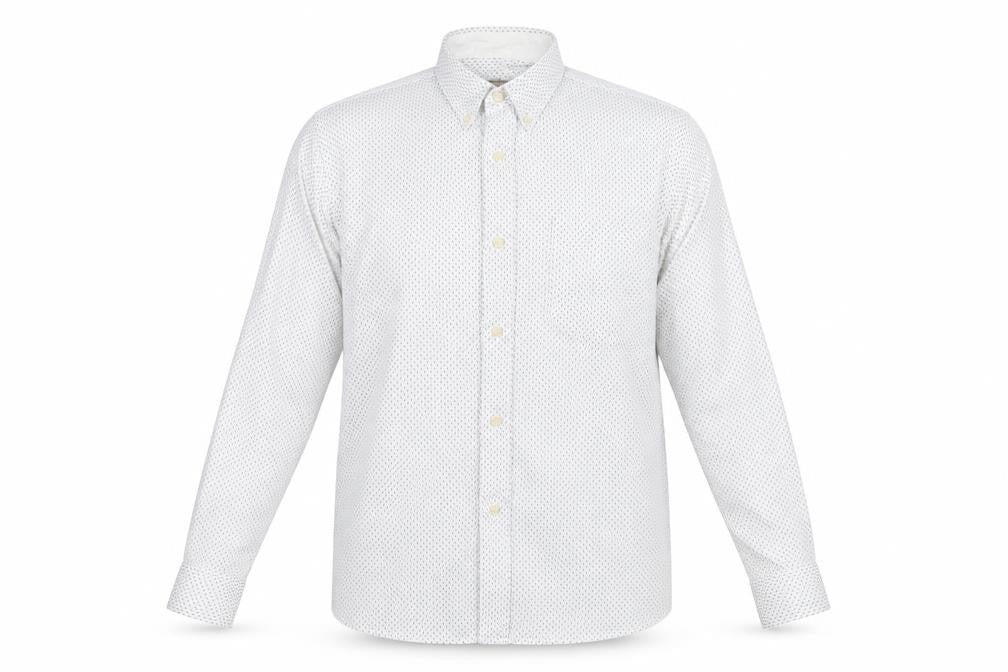 Front view of Next men’s white polka dot button-up, size L