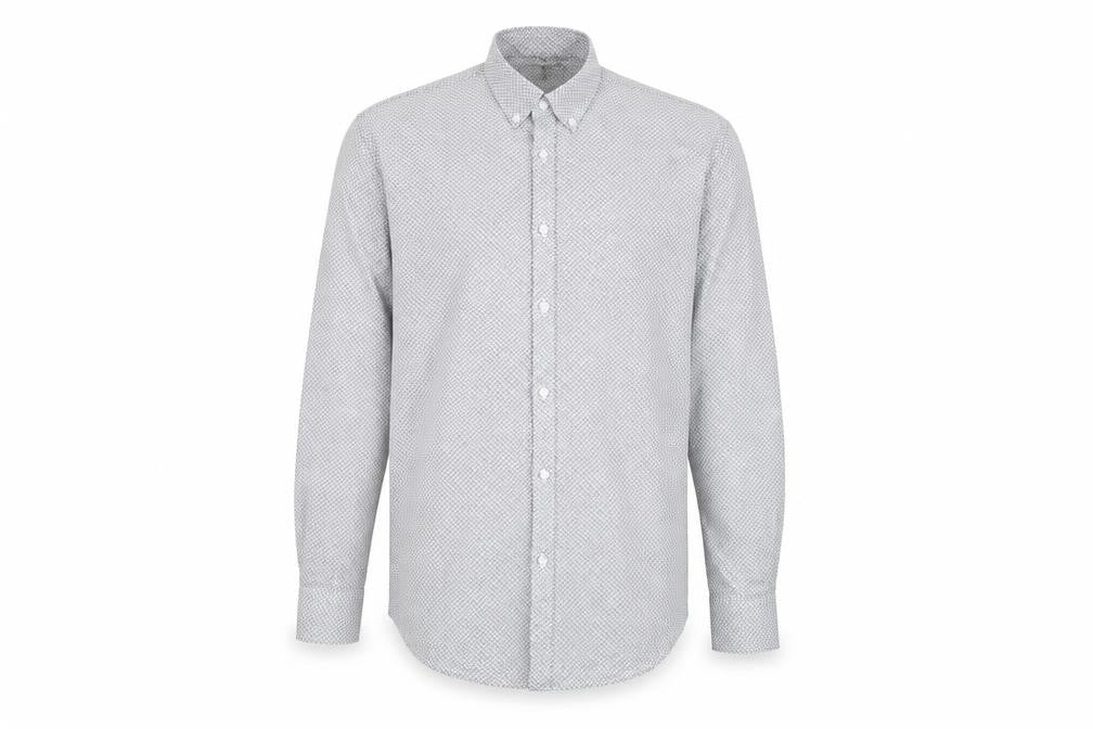 Front view of Taylor & Wright men’s white polka dot button-up, size 15.5