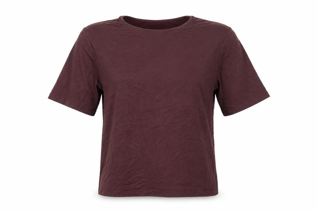 Front view of ICHI women’s brown jersey basic t-shirt, size XS