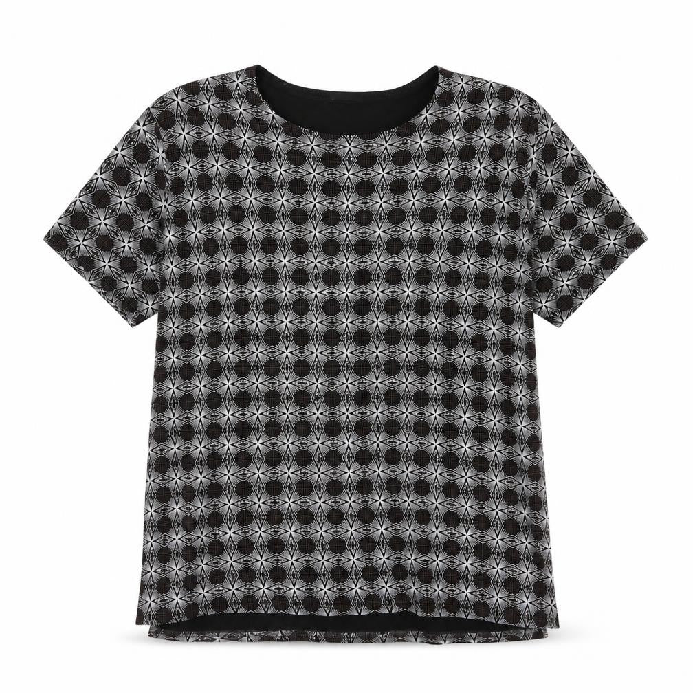 Front view of Eye Casuals women’s black geometric basic t-shirt, size XL