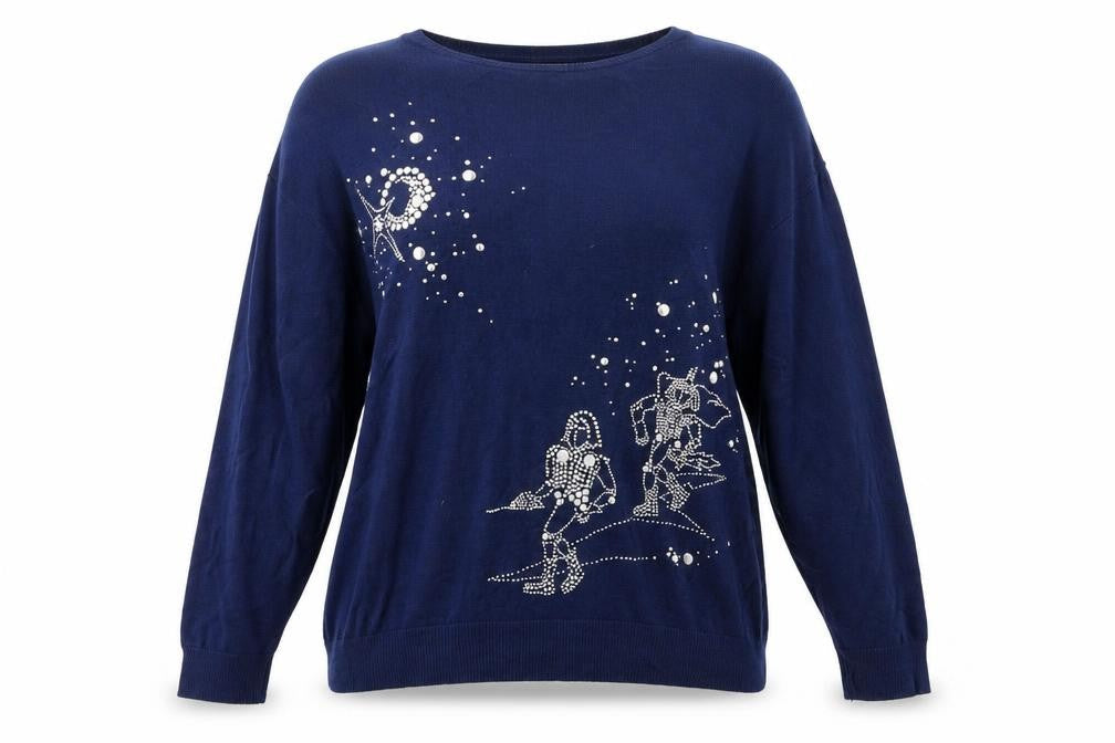 Front view of Moxdi women’s blue knit jumper, size UK 10