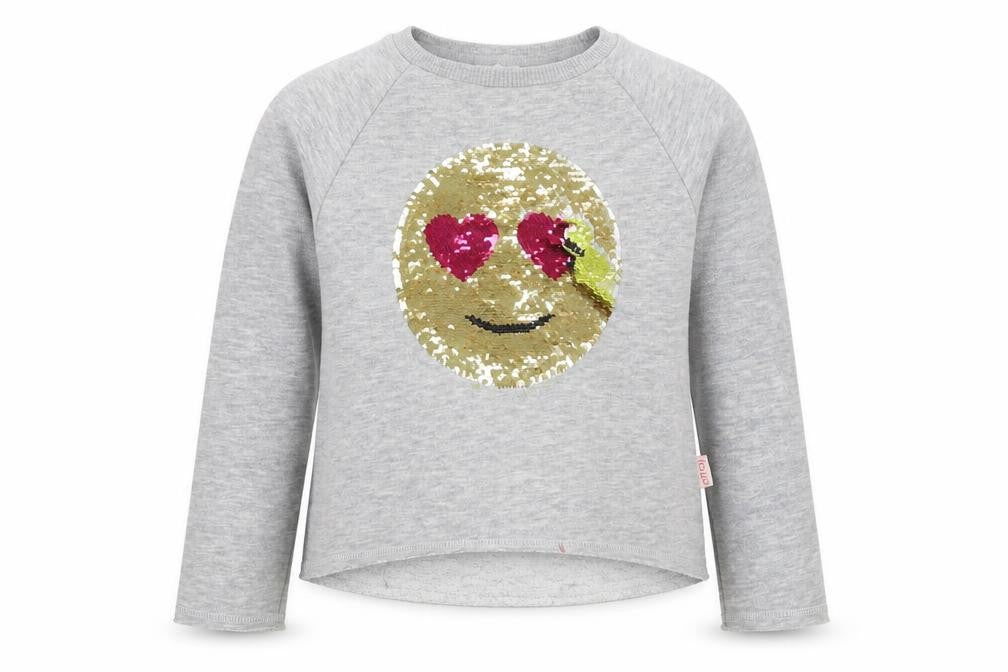 Front view of Emoji girls’ grey jumper, size 5, years