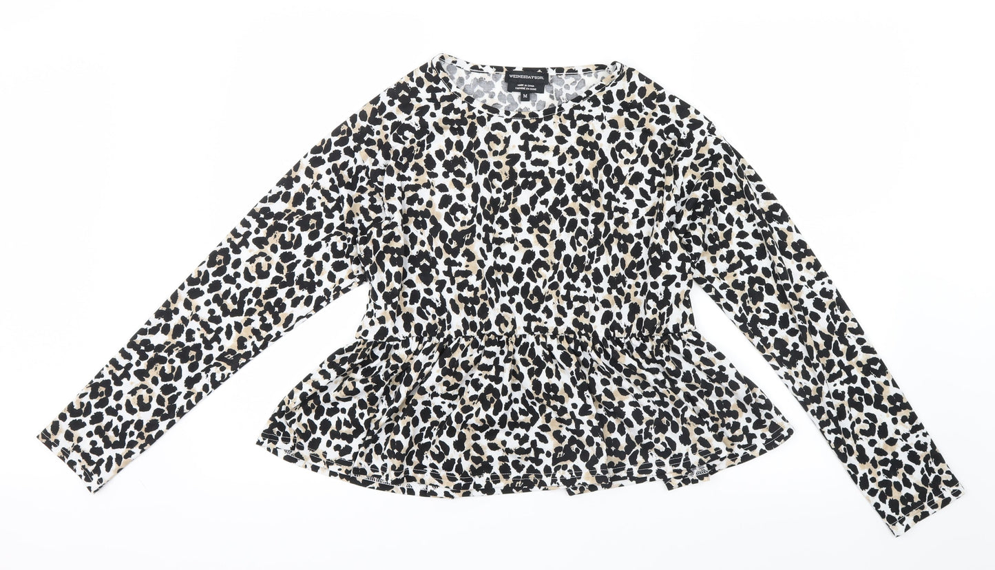 Wednesday's girl Womens Black Animal Print  Basic T-Shirt Size M  - Peplum