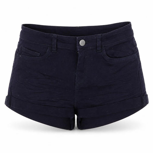 Front view of H&M women’s blue hot pants shorts, size UK 4