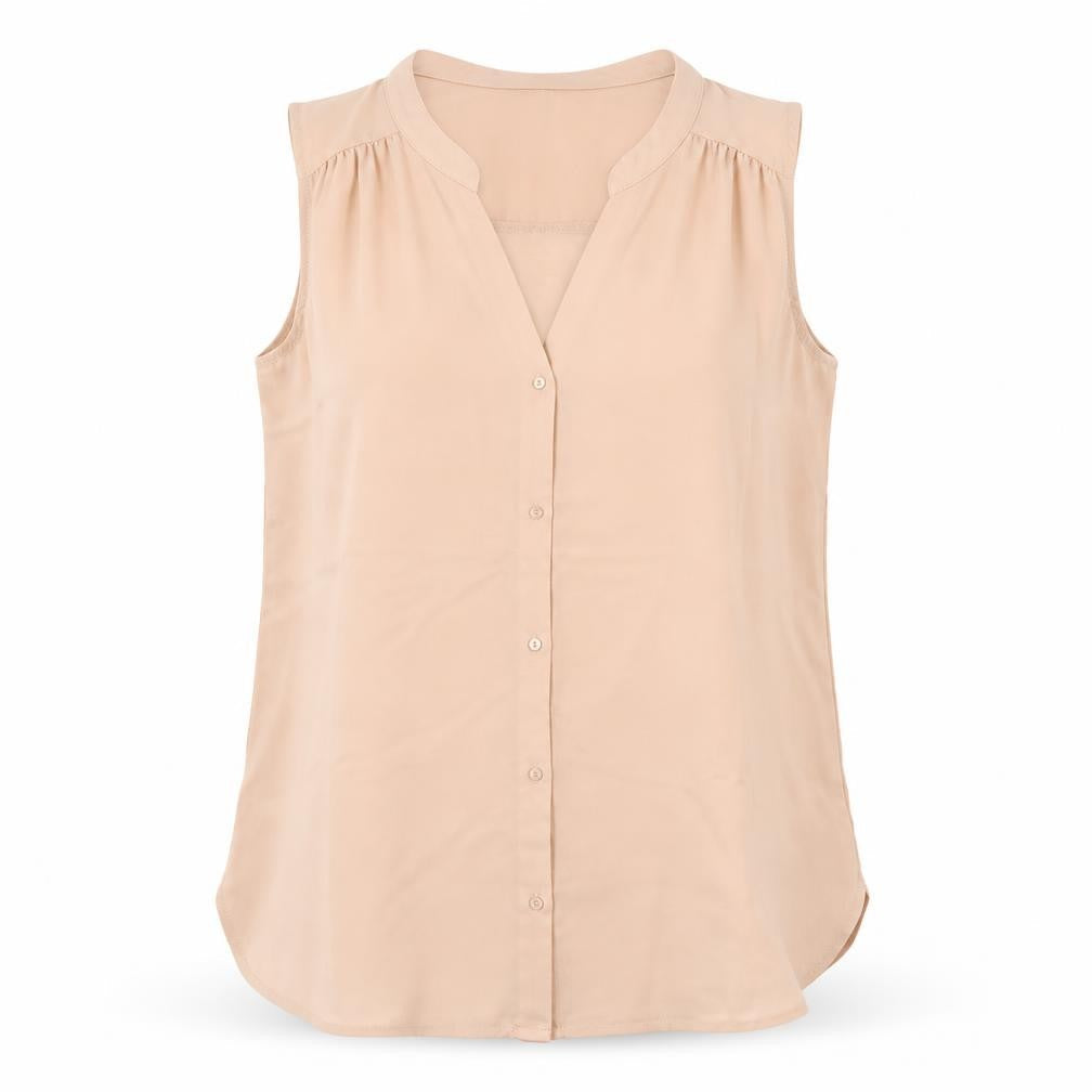 Front view of H&M women’s beige basic button-up, size S