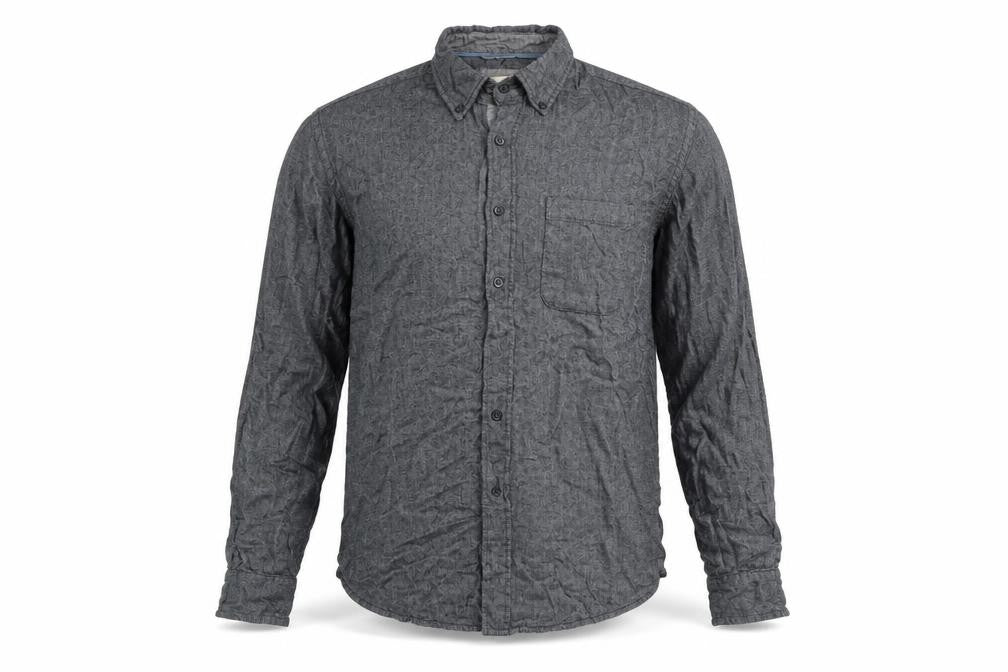 Front view of Avenue men’s grey button-up, size L