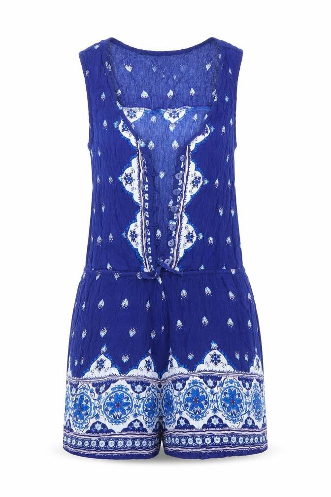 Front view of H&M women’s blue playsuit one-piece, size UK 4