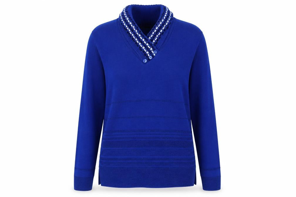 Front view of Envy women’s blue striped knit jumper, size M