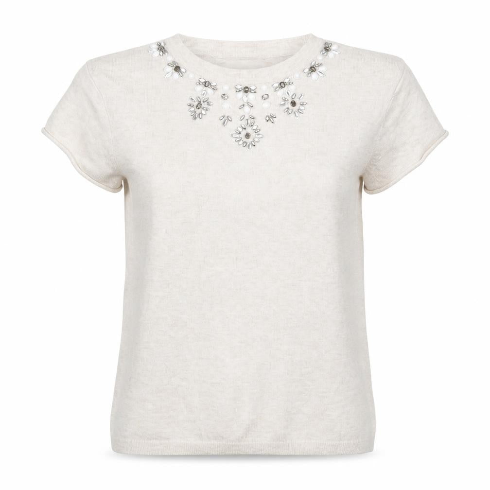 Front view of Warehouse women’s ivory knit jumper, size UK 14, - beaded