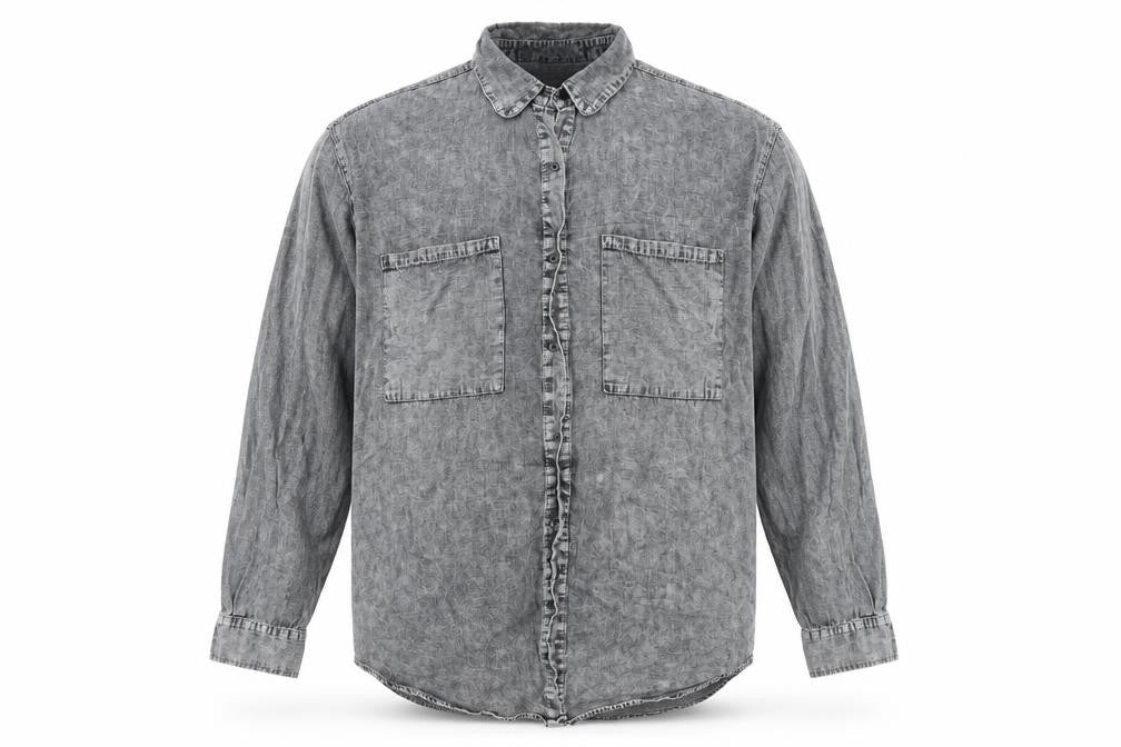 Front view of Rockn rev men’s grey button-up, size M