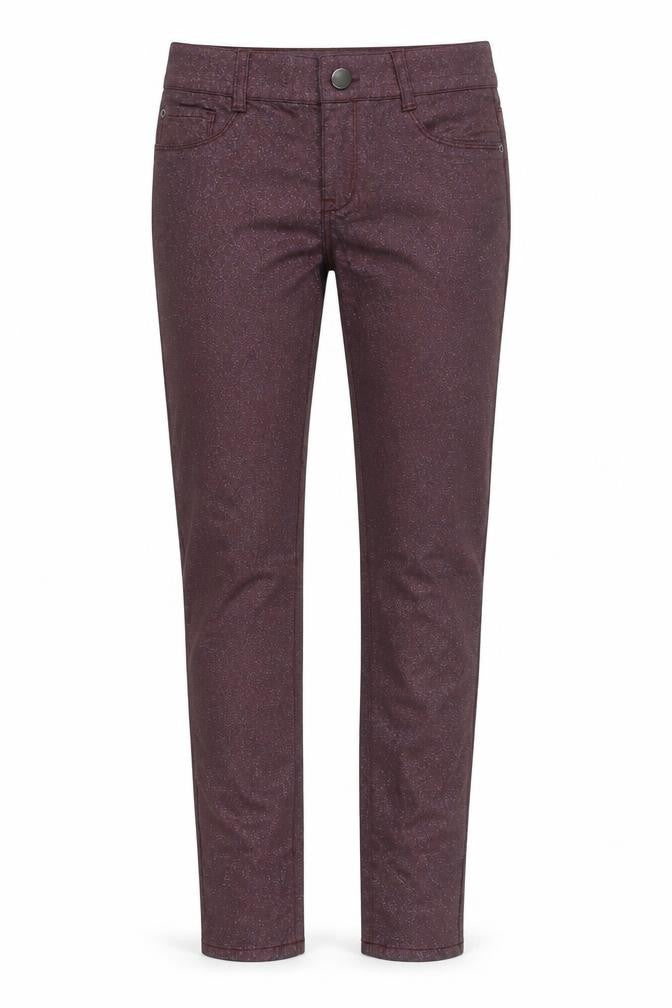 Front view of skinny women’s purple trousers, size UK 8, 32-inch leg