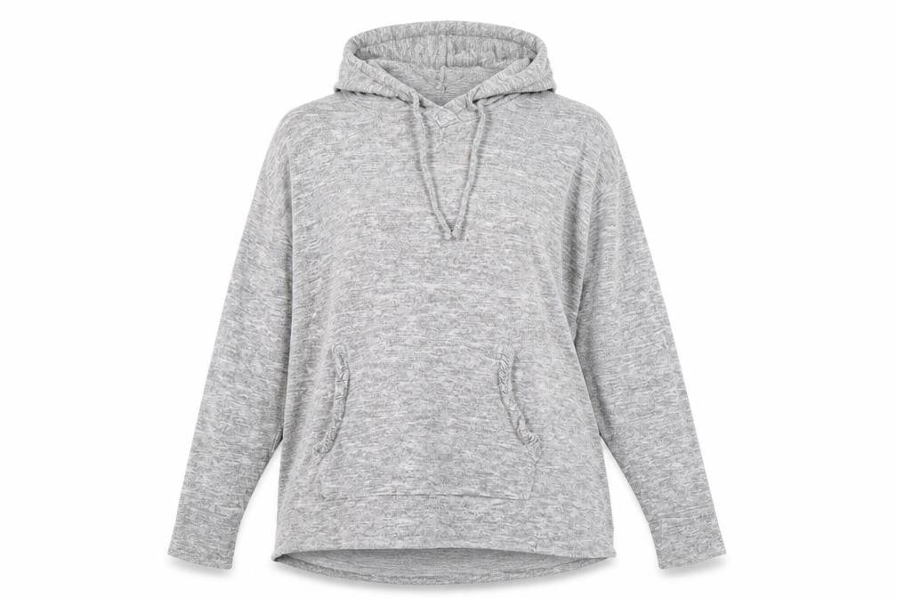 Front view of Papaya women’s grey pullover hoodie, size L