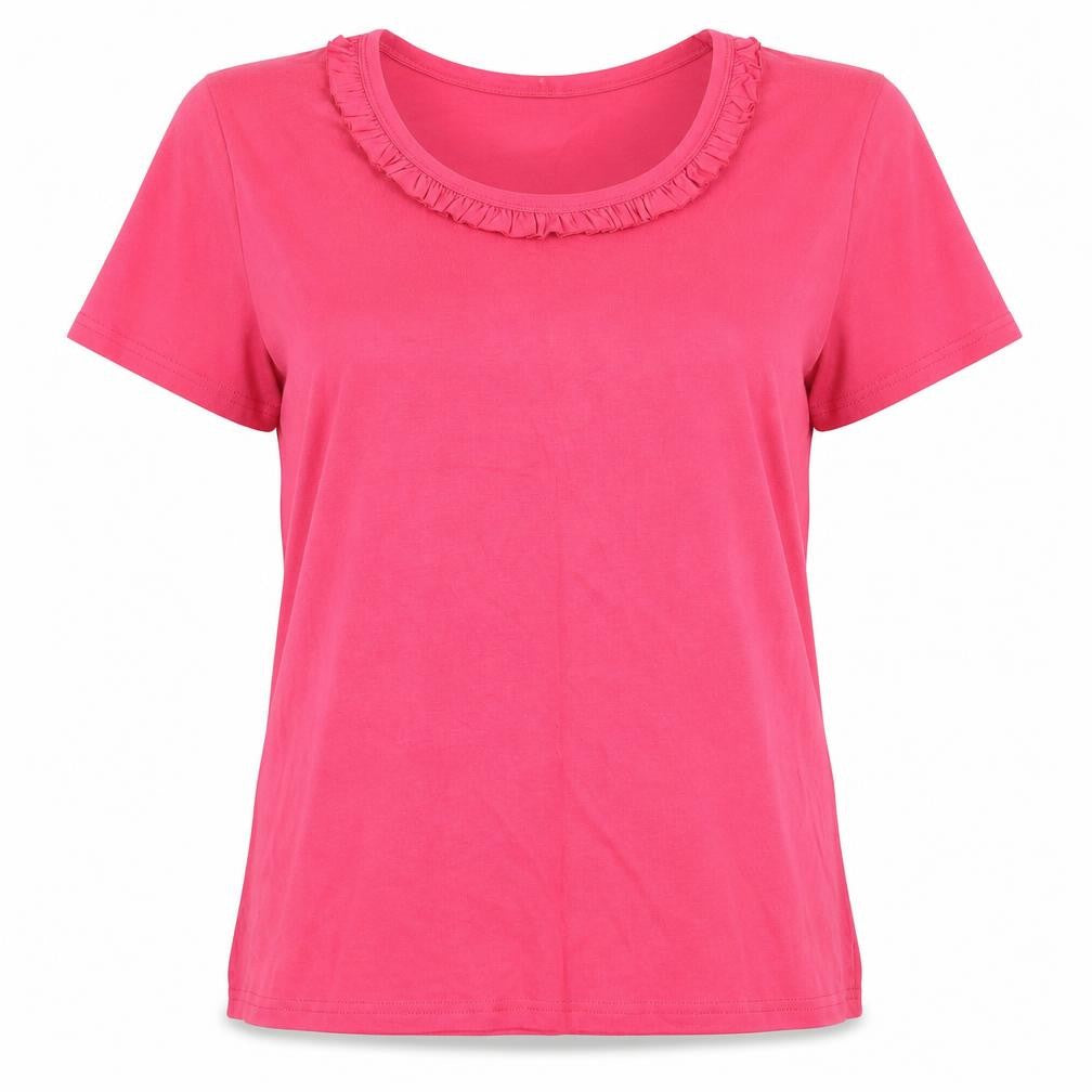 Front view of Bella Beau women’s pink basic t-shirt, size L
