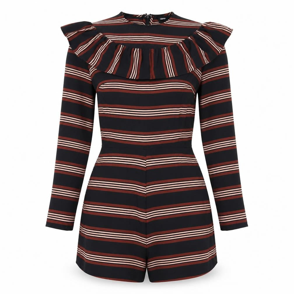 Front view of ASOS women’s black striped playsuit one-piece, size UK 8