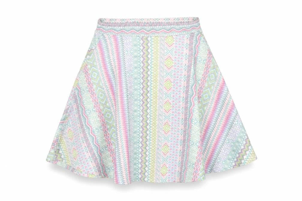 Front view of River Island women’s multicoloured geometric skater skirt, size UK 6