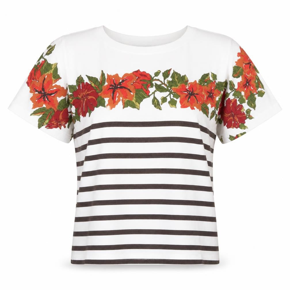Front view of TIGI women’s white striped basic t-shirt one size
