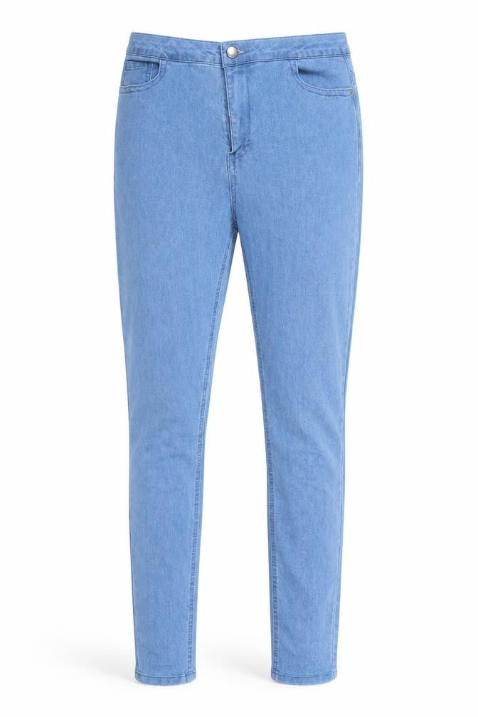 Front view of B.YOU women’s blue denim snow pants trousers, size UK 12, 29-inch leg