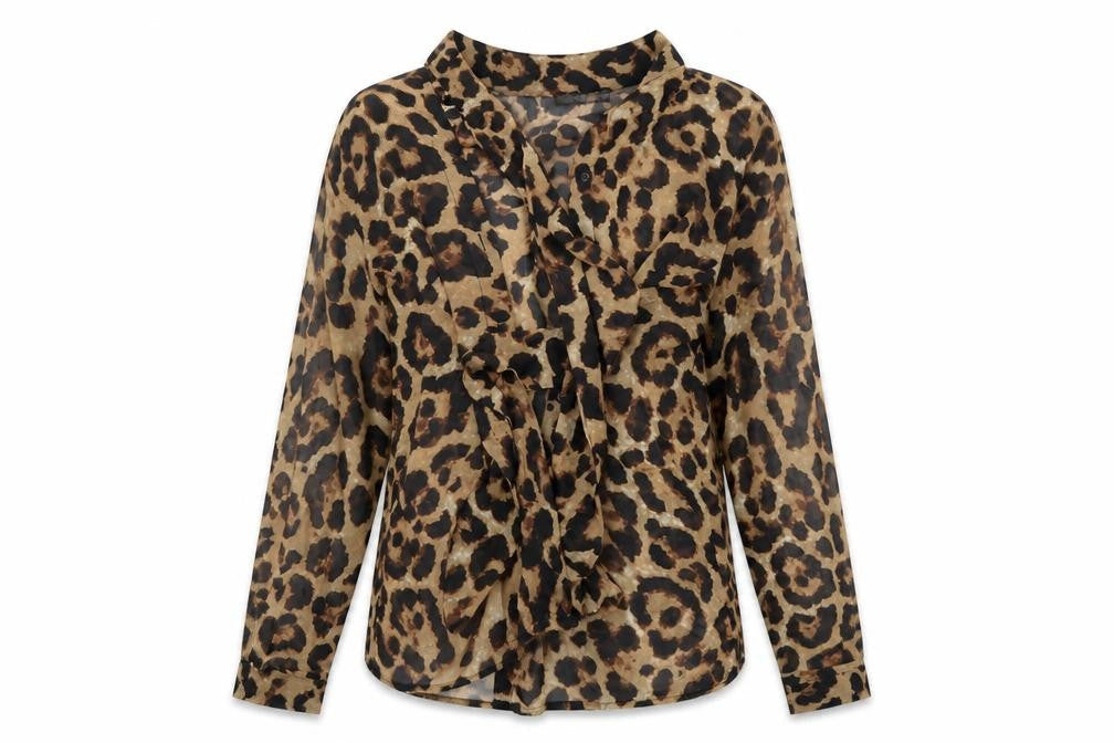 Front view of Quiz women’s brown animal print basic blouse, size UK 8