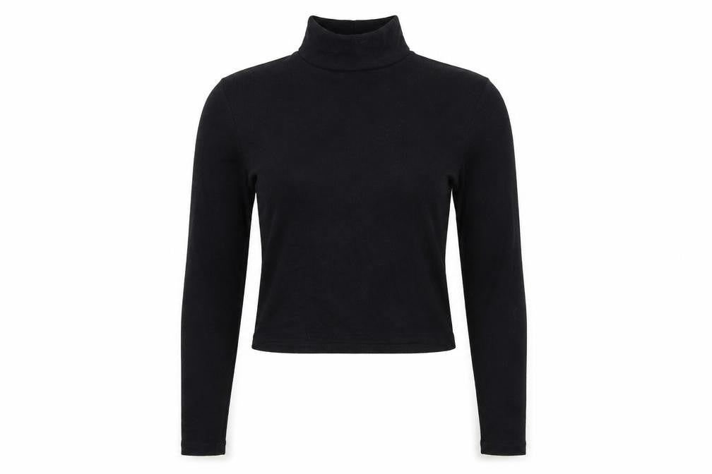 Front view of Quiz women’s black cropped t-shirt, size UK 12