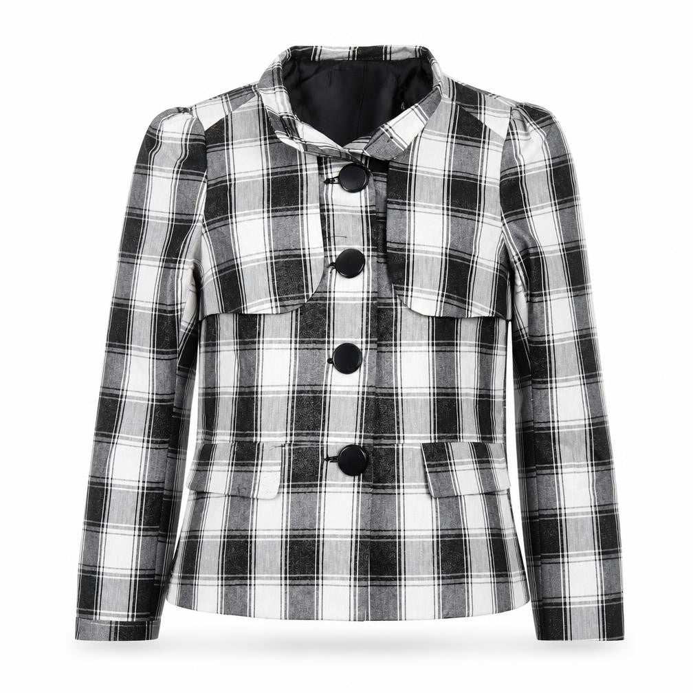 Front view of kiss fashion women’s white plaid jacket blazer, size S