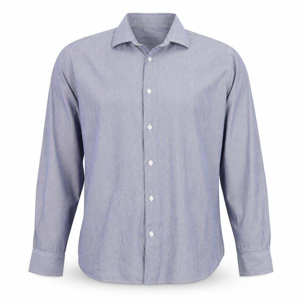 Front view of Cedarwood State men’s blue striped button-up, size 15