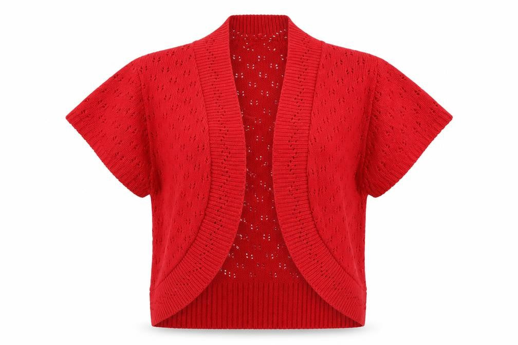 Front view of glamarose women’s red cardigan jumper, size UK 12