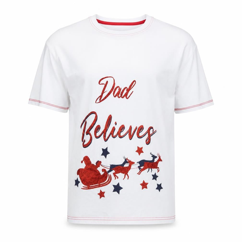 Front view of studio nightwear men’s white pyjama top, size 2XL, - dad believes, christmas
