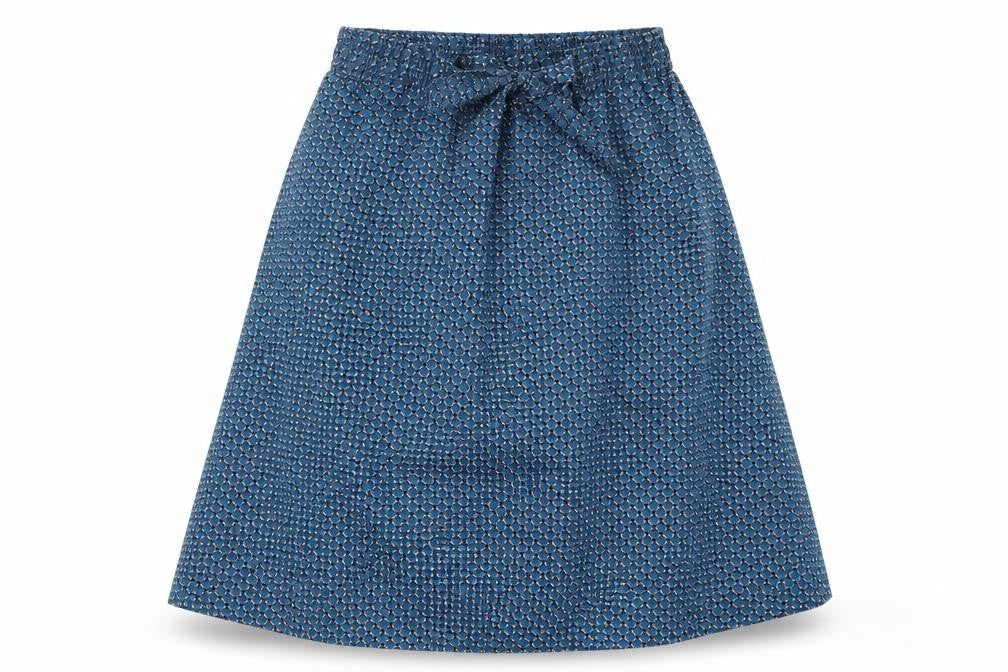 Front view of H&M women’s blue geometric a-line skirt, size UK 6