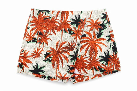 Front view of urmoda women’s beige floral hot pants shorts, size L