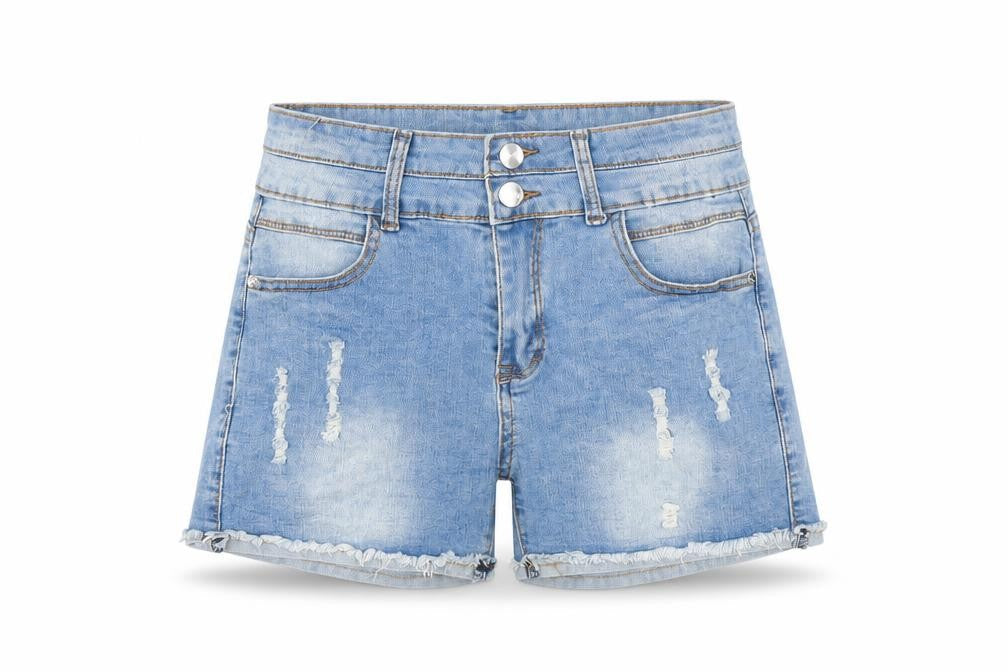 Front view of Preworn women’s blue denim hot pants shorts, size UK 6, - distressed