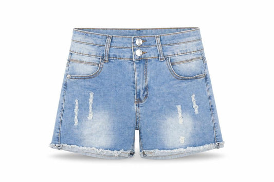 Front view of Preworn women’s blue denim hot pants shorts, size UK 6, - distressed