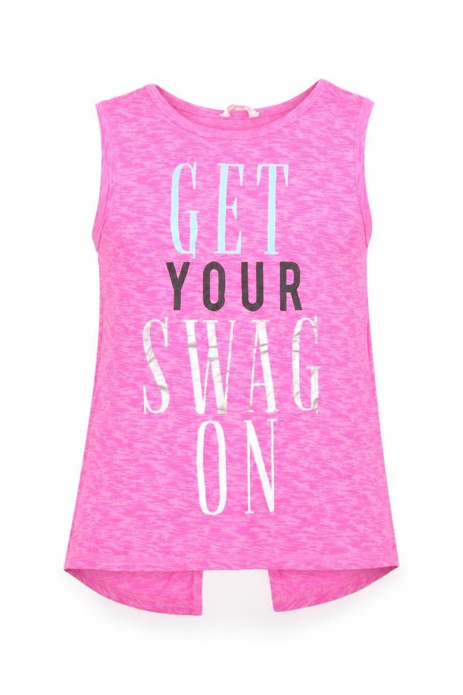 Front view of miss evie girls’ pink basic tank, size 11-12, years