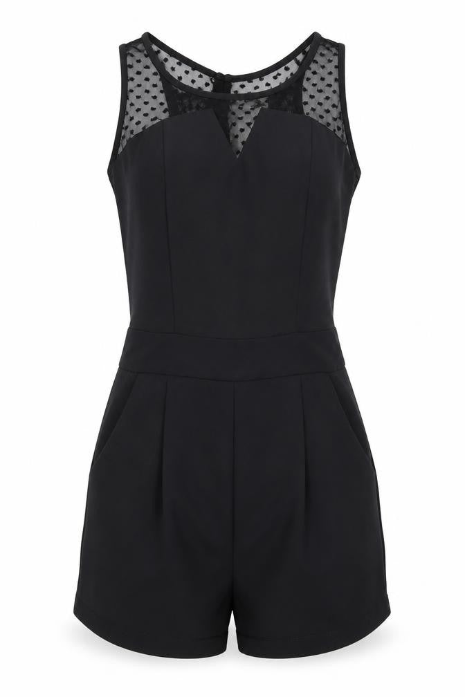 Front view of women’s black shorts one-piece, size UK 8