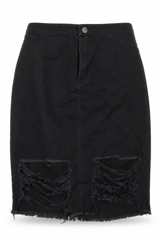 Front view of L&L women’s black denim straight & pencil skirt, size UK 30, in - distressed