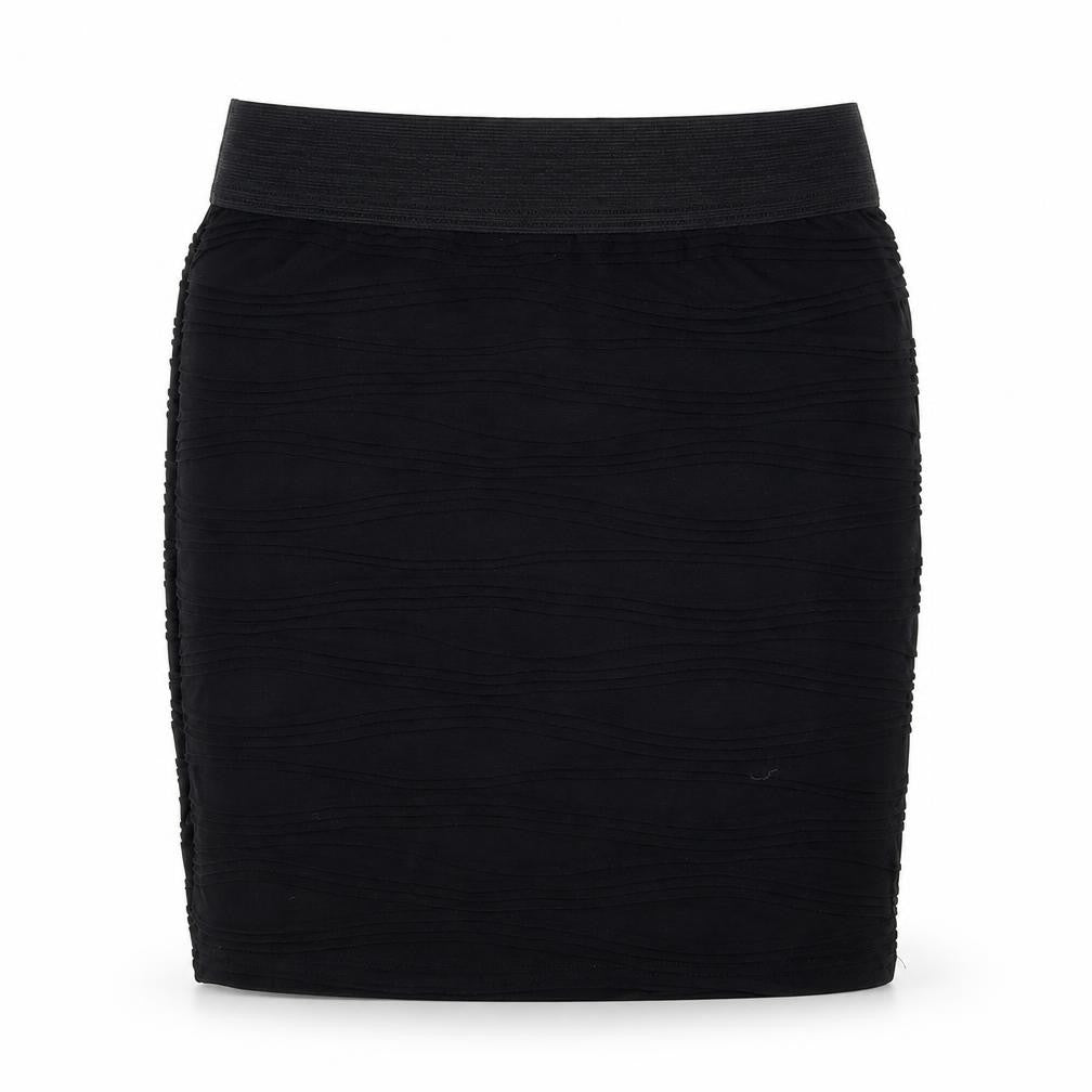 Front view of Internationale women’s black mini skirt, size UK 10, - textured