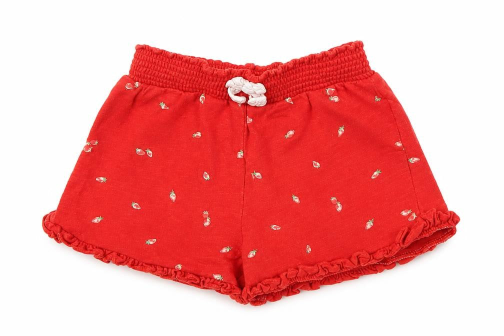 Front view of Mothercare girls’ red cropped trousers, size 6-9, months - strawberries