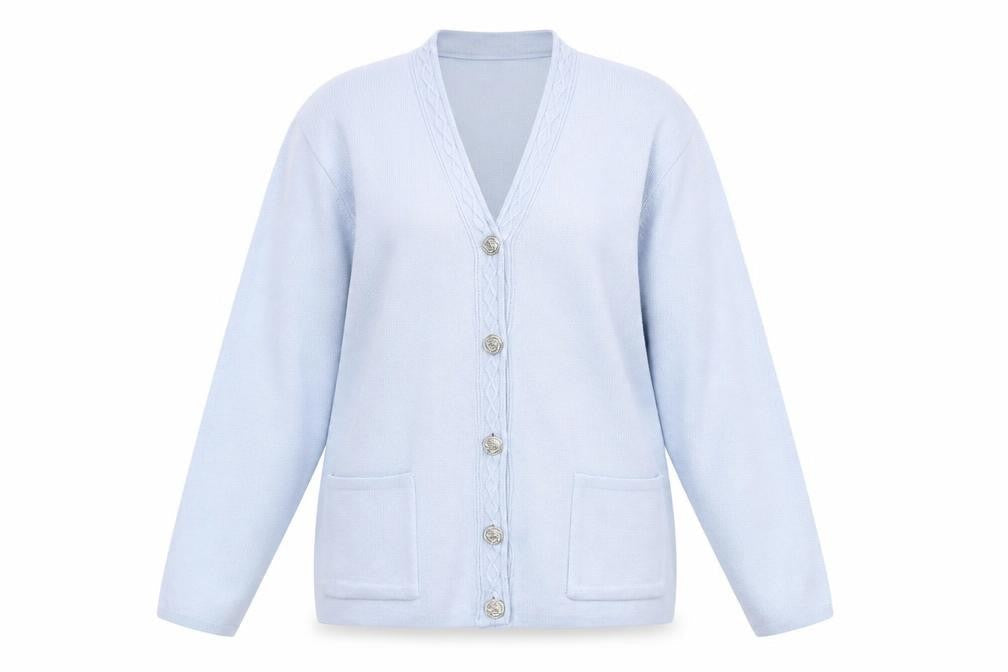 Front view of Classics women’s blue knit cardigan jumper, size UK 12