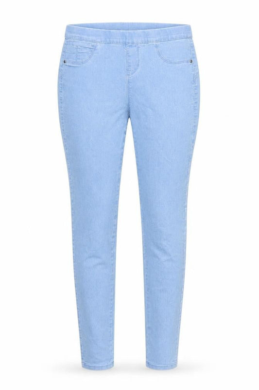 Front view of Denim & Co. women’s blue denim jegging jeans, size UK 10, 30-inch leg
