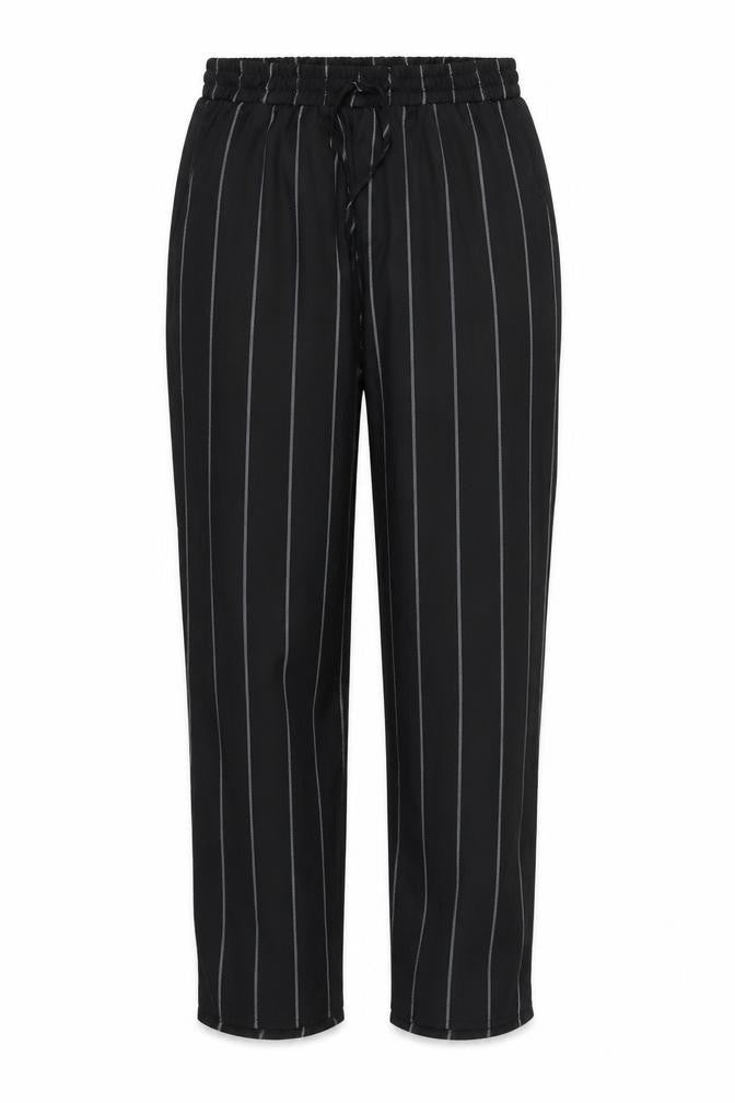 Front view of Missguided women’s black striped chiffon trousers, size UK 10, 24-inch leg