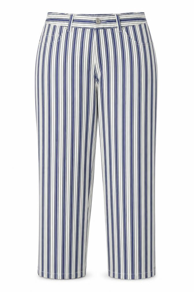 Front view of Cocoon women’s beige striped trousers, size UK 16, 25-inch leg