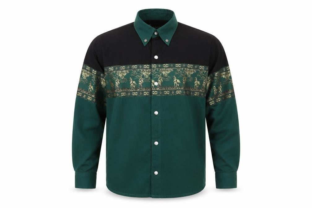 Front view of el norte no boys’ green geometric button-up, size L