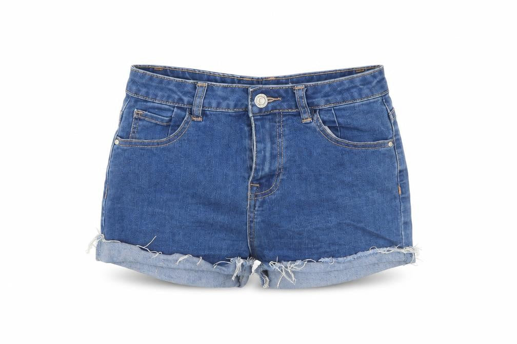 Front view of Preworn women’s blue denim cut-off shorts, size UK 26, in