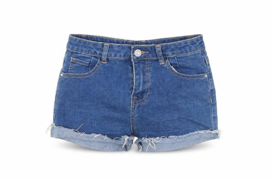 Front view of Preworn women’s blue denim cut-off shorts, size UK 26, in