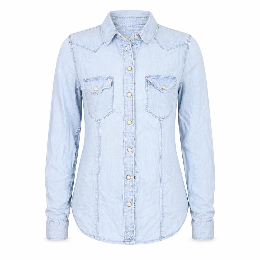 Front view of Gap women’s blue denim basic button-up, size UK 6