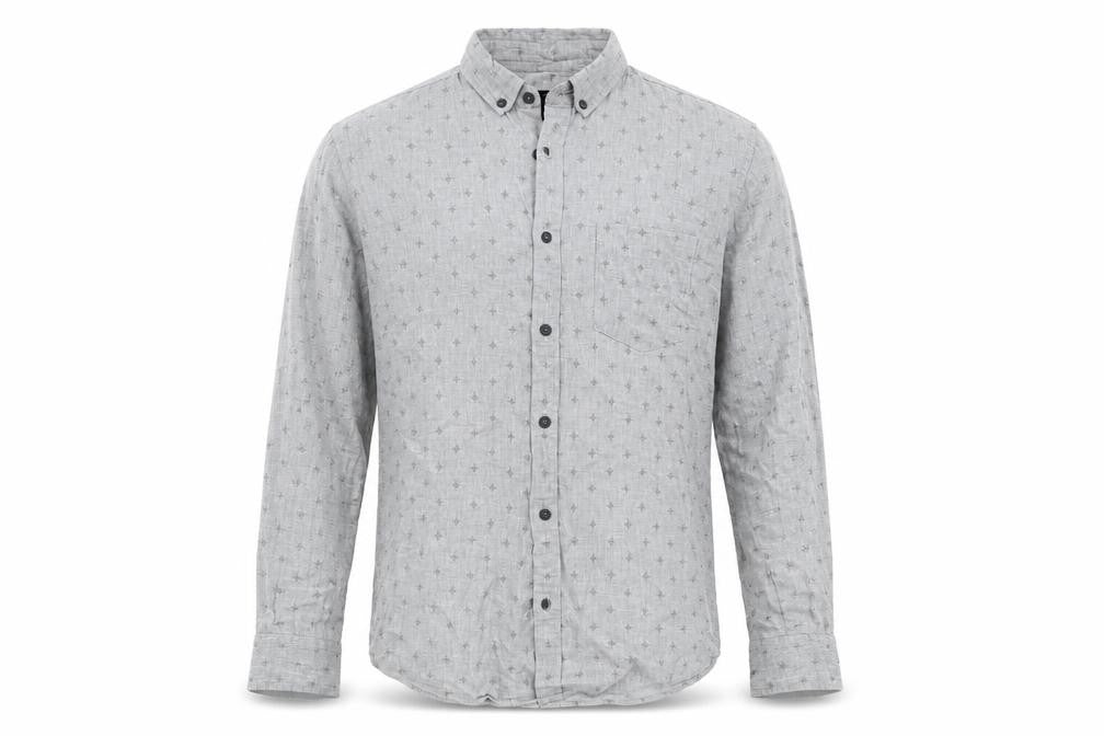 Front view of Burton men’s grey geometric button-up, size S