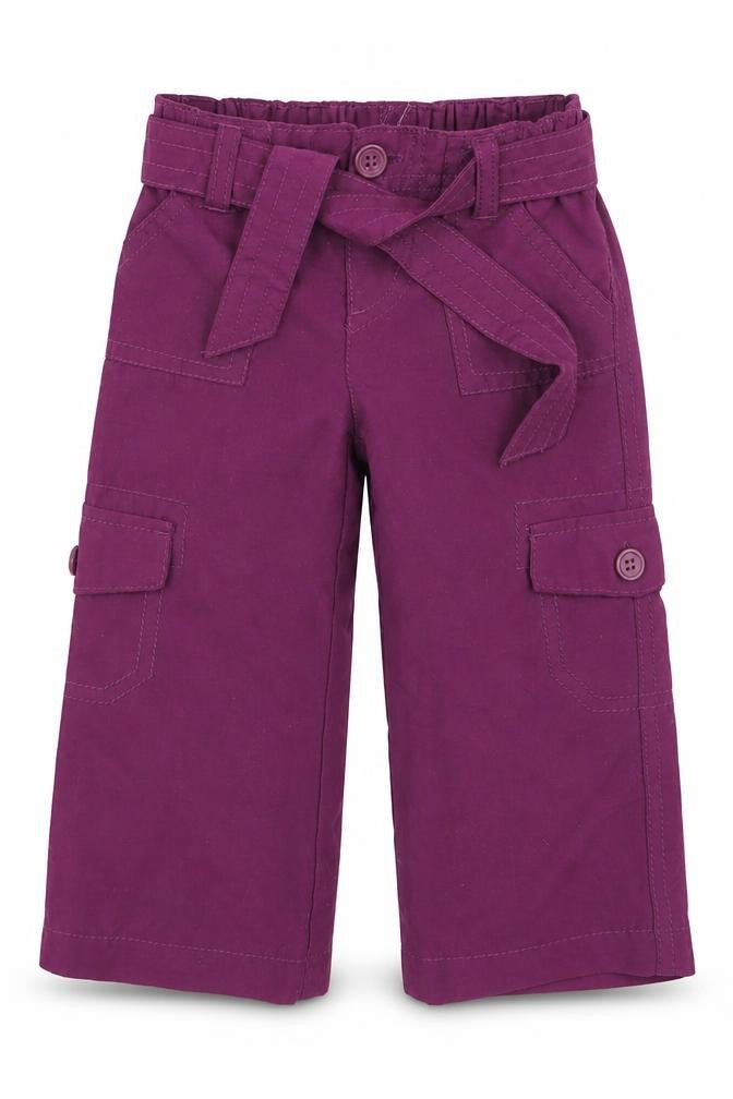 Front view of Early Days girls’ purple cargo trousers, size 6-9, months