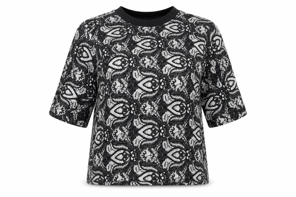 Front view of Topshop women’s black floral basic t-shirt, size UK 8